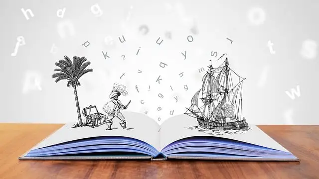 An image of a book with a pirate and a ship coming from the pages. Share stories that reflect the unique experiences of your customers or employees.