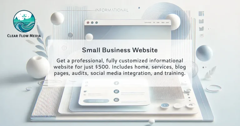 Small Business Websites. Get a professional, fully customized informational website for just $500. Includes home, services, blog pages, audits, social media integration, and training.